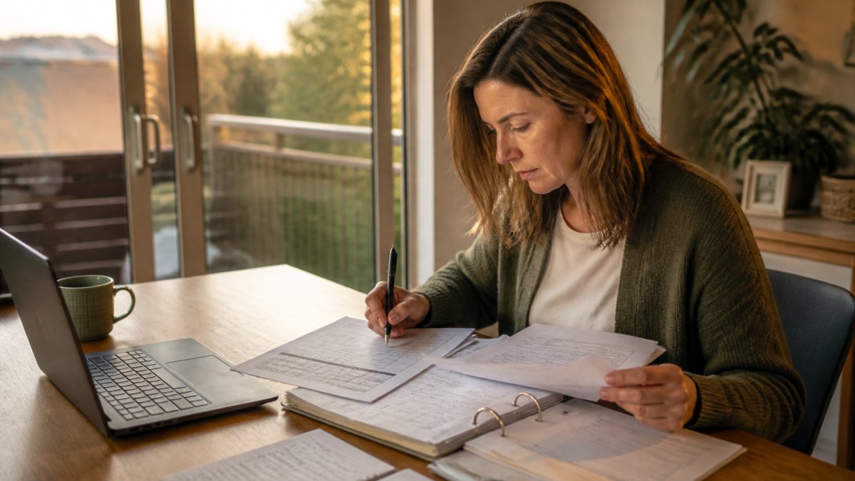 Practice manager reviewing billing reports and detailed financial spreadsheets on a computer in a quiet office, with printed patient records and handwritten notes scattered across the desk
