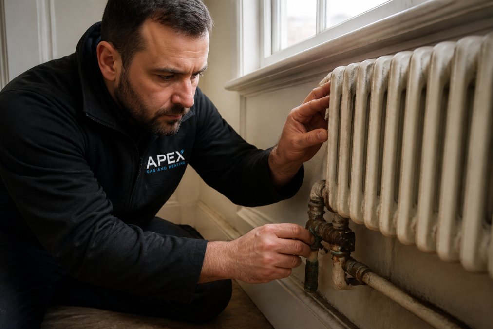 Homeowner examining radiator pipework and checking for corrosion and sludge buildup in a period property with natural window light