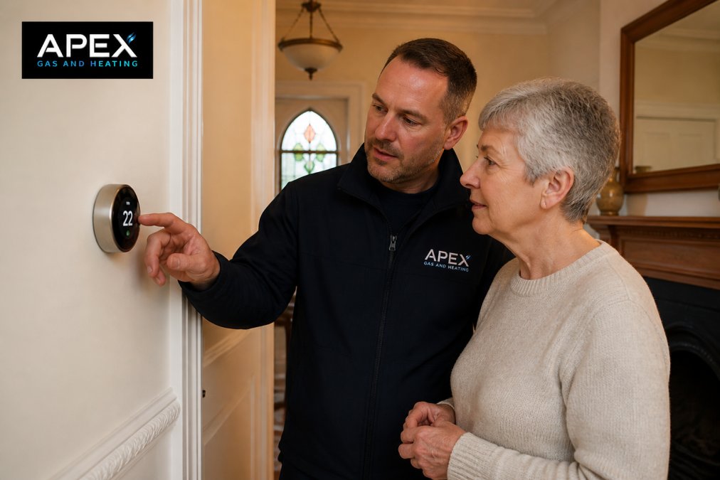 Hand adjusting a modern smart thermostat mounted on a wall in a traditional older home interior with period features visible