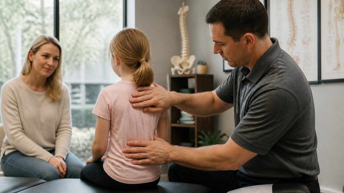 Pediatric chiropractor performing gentle spinal assessment and postural evaluation on young child in calm clinical setting with parent present and natural lighting