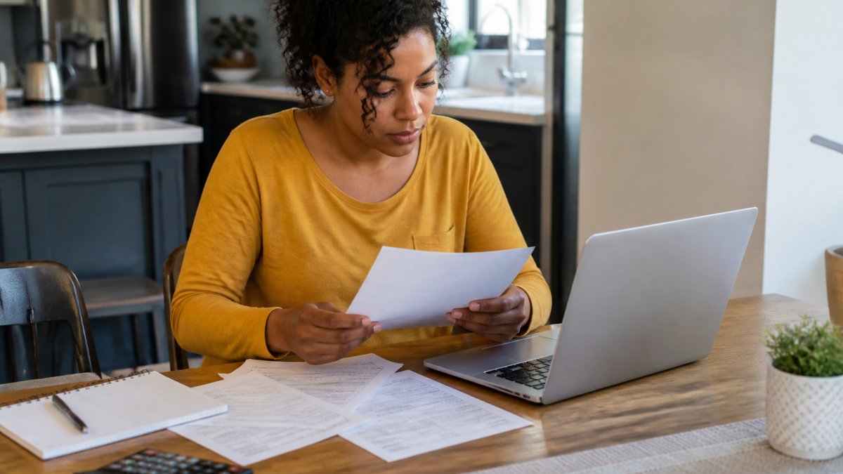 Person at home reviewing credit report on laptop with documents and notepad nearby, looking focused and organized