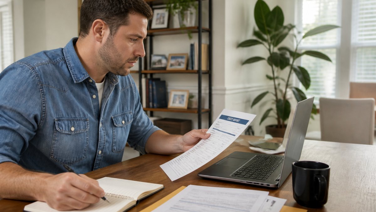 Homebuyer sitting at desk reviewing credit report documents with notebook and pen, laptop showing credit information, natural office lighting