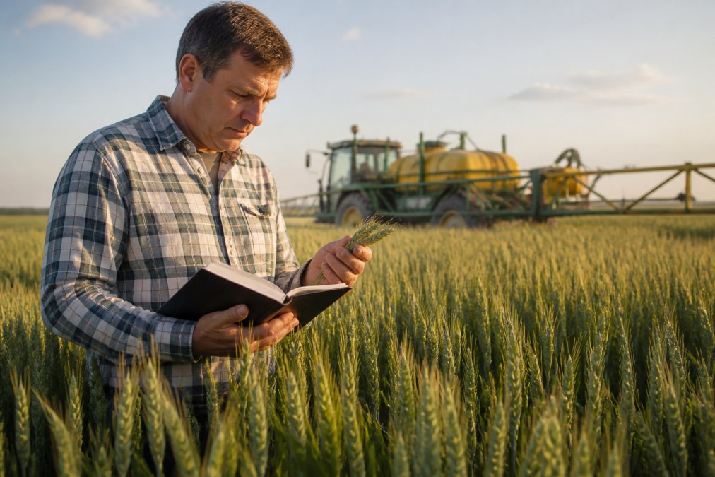 A farmer in a wheat field inspecting crop ears with a notebook in hand, a mounted sprayer visible in the background under late afternoon light