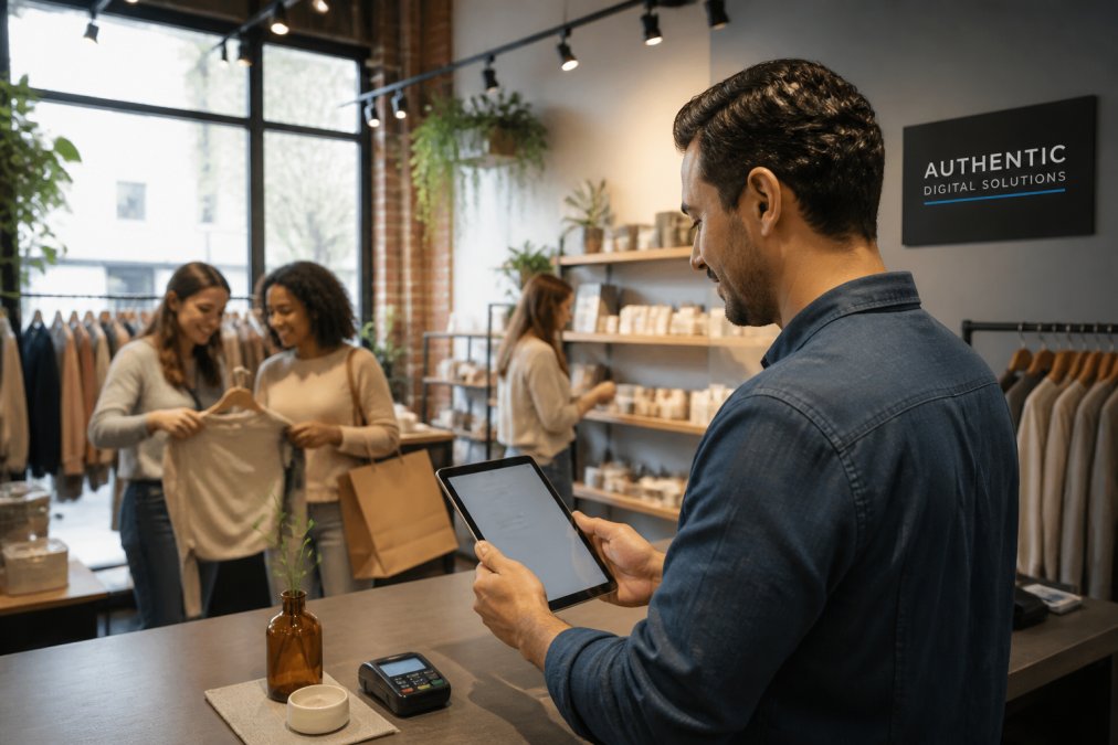 Small business owner reviewing customer loyalty program metrics on a tablet at the register, with satisfied customers in the background shopping