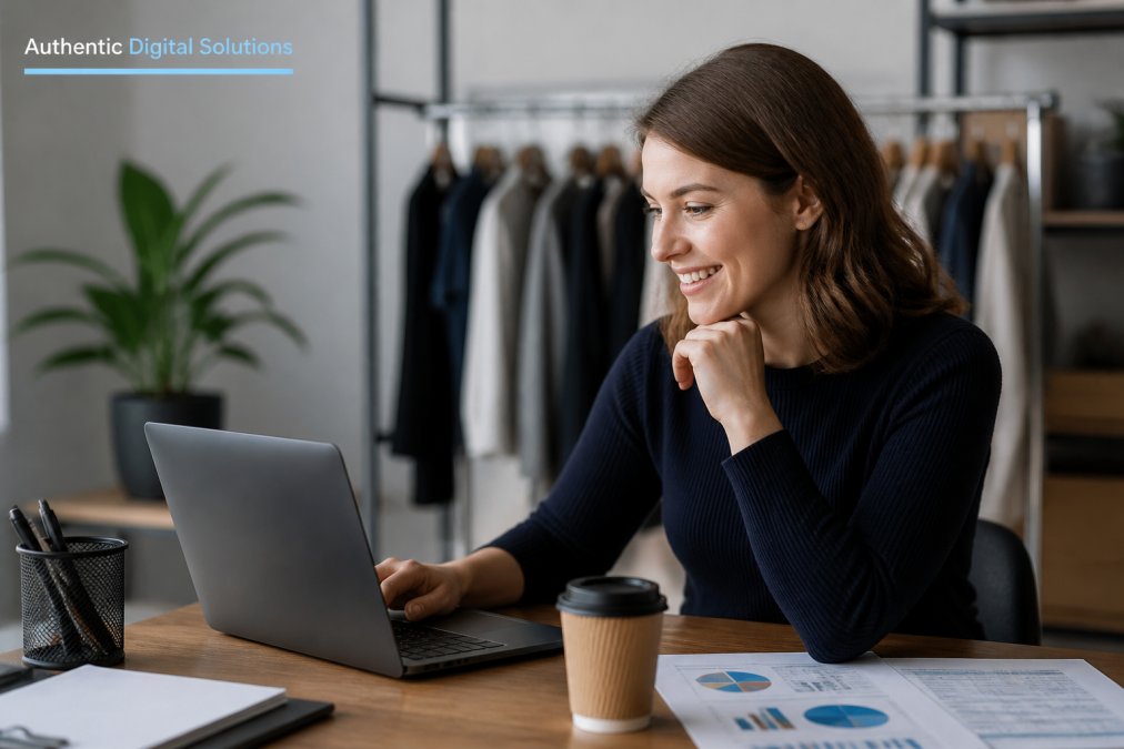 Retail manager smiling while reviewing personalized email campaign performance on laptop screen, with coffee cup and customer data visible on desk