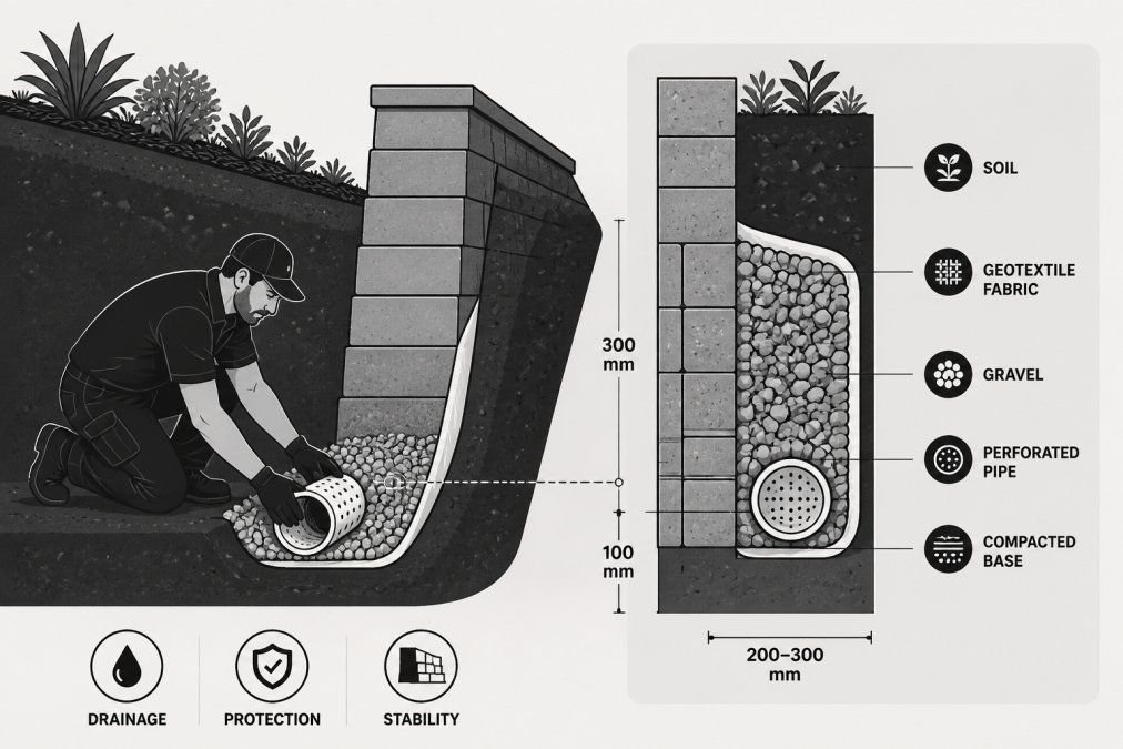 Professional installing a perforated drainage pipe at the base of a retaining wall, with geotextile fabric and gravel drainage layer visible in the trench, showing the layered construction technique