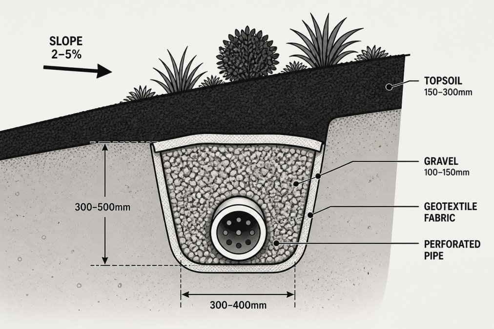 Cross-section view of a completed French drain installation on a sloped garden bed, showing the perforated pipe surrounded by gravel, wrapped in geotextile fabric, with topsoil above and a slope in the background