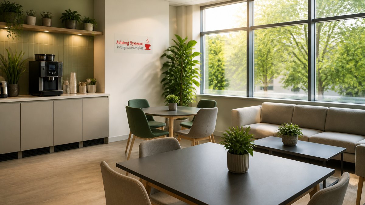 Sunlit breakroom with plants and neutral seating designed to support employee morale breakroom upgrades.