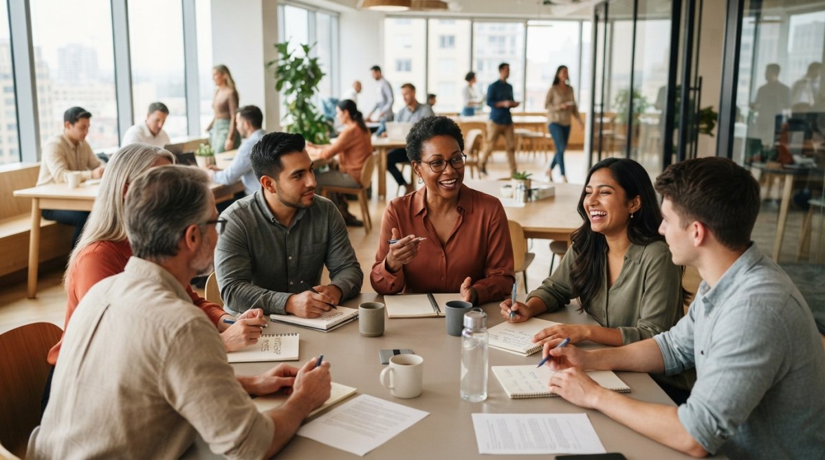 A diverse group of employees engaged in a collaborative professional development workshop, with some taking notes at a table and others discussing ideas in a modern office setting with natural lighting
