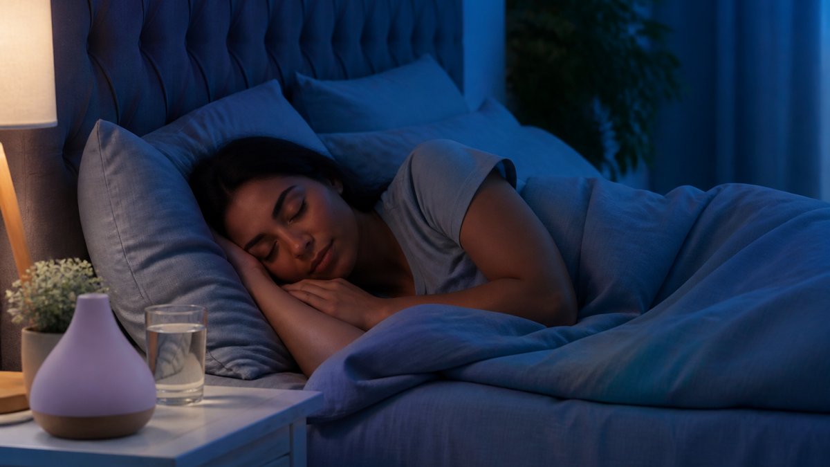 Infographic illustrating the ideal sleep environment with cool blue lighting and comfortable bedding for better rest.