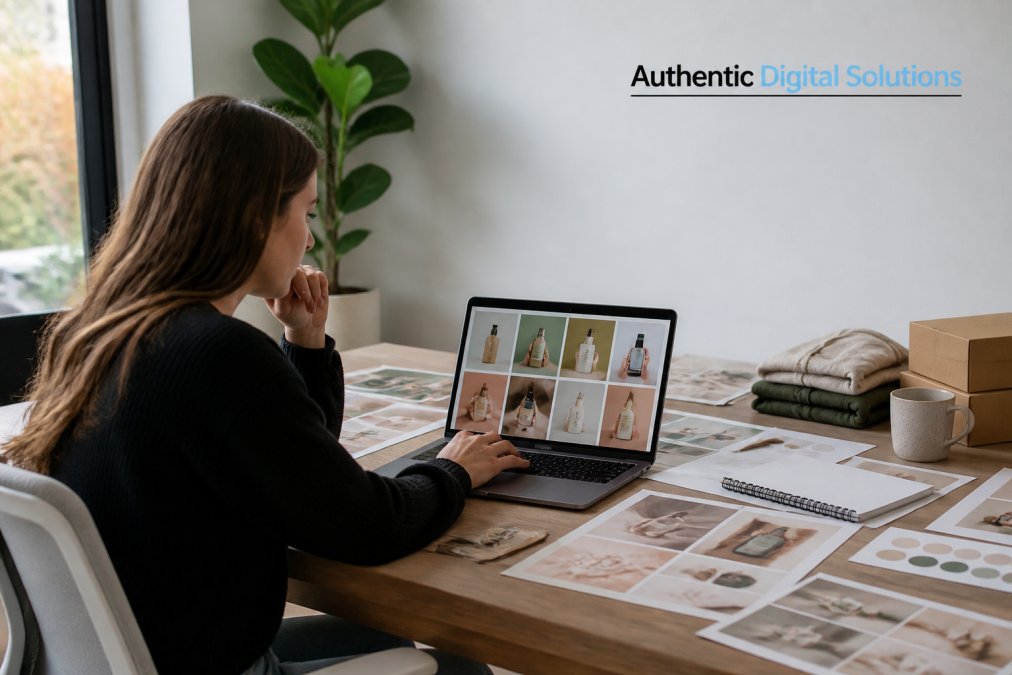 Designer or marketer reviewing multiple ad creative variations on a laptop screen, with mood boards and product images spread across the desk in a bright modern office setting