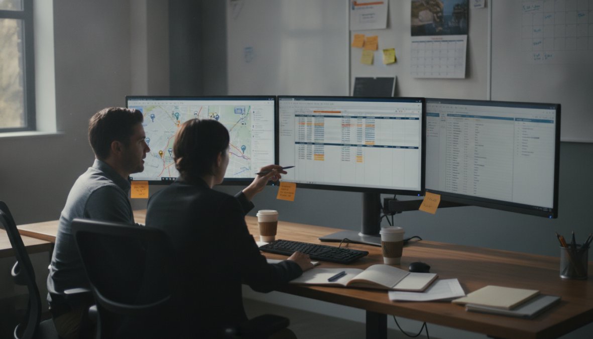 Dispatcher working at desk with multiple monitors displaying live dispatch board, color-coded technician locations on map, and real-time job queue with GPS tracking