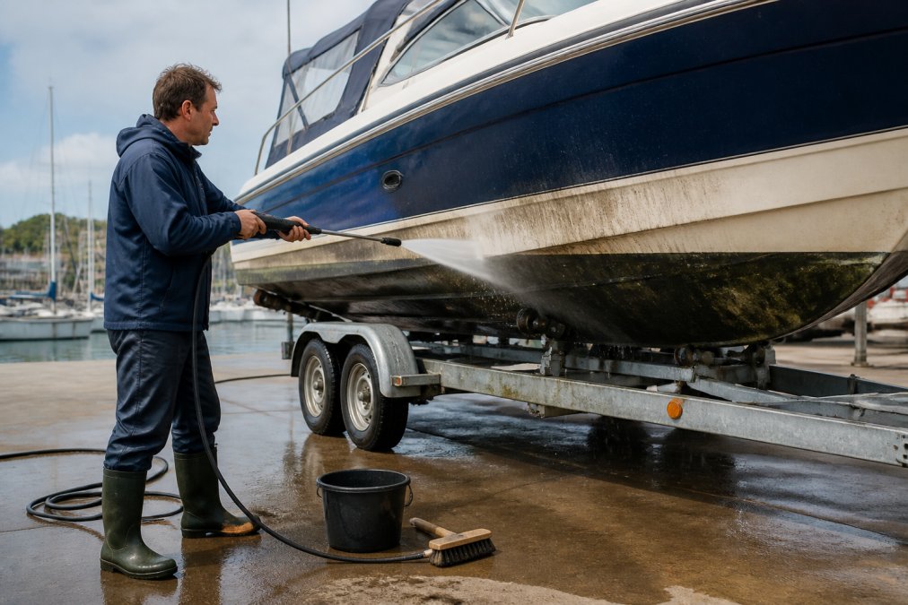 Boat owner pressure washing the hull of a powerboat at a marina to remove marine growth and debris