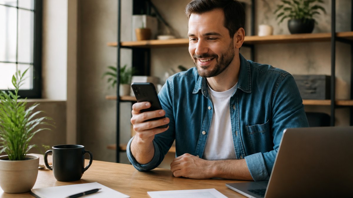 Local business owner on smartphone reading and responding to customer reviews with satisfied expression, sitting at modern office desk with natural lighting