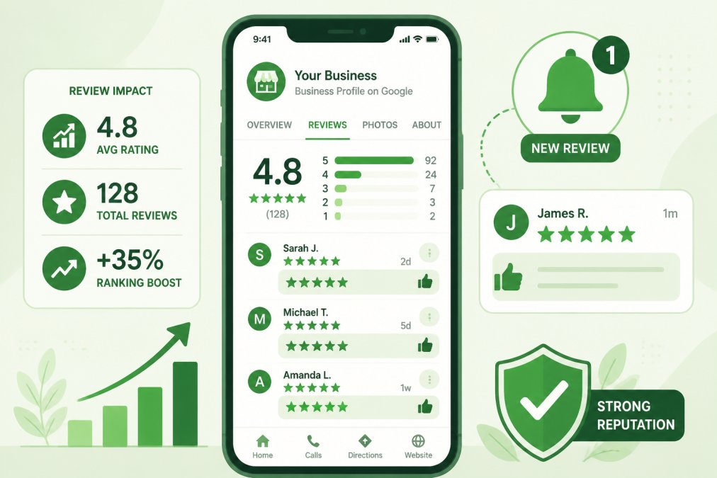 Smartphone displaying five-star customer reviews and positive feedback in Google Business Profile with notification bell showing new review