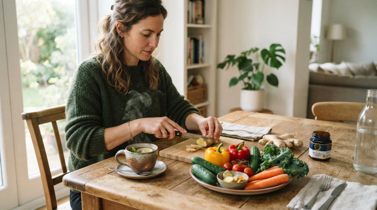 Infographic showing lifestyle steps to improve gut health bloating with fresh vegetables, ginger, and tea.