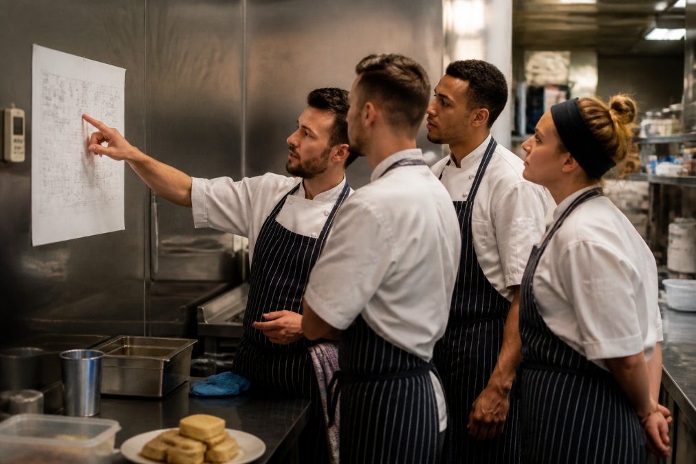 A head chef and kitchen team standing at a stainless steel pass in a busy restaurant kitchen, pointing at a printed workflow plan taped to the wall, with prep stations visible behind them