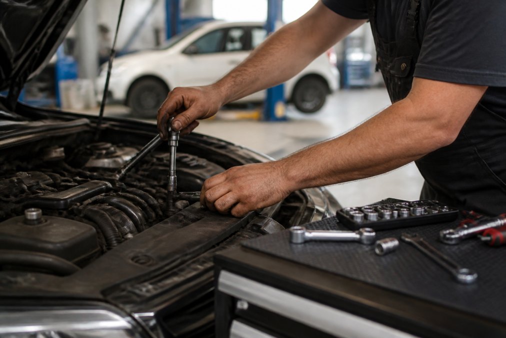 Mechanic's hands working on a car engine with a smartphone displaying a completed Google Business Profile visible in the foreground, bright garage lighting