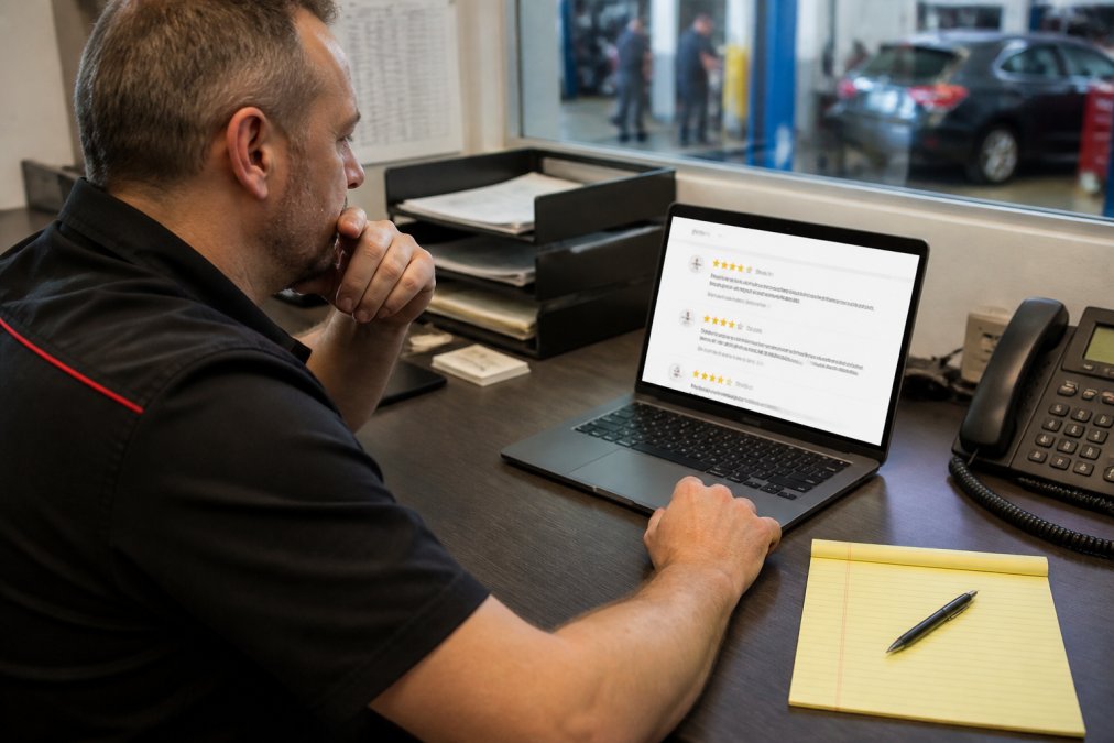 Repair shop owner at desk reviewing positive customer feedback on a laptop screen, with a notepad and pen visible, natural office lighting