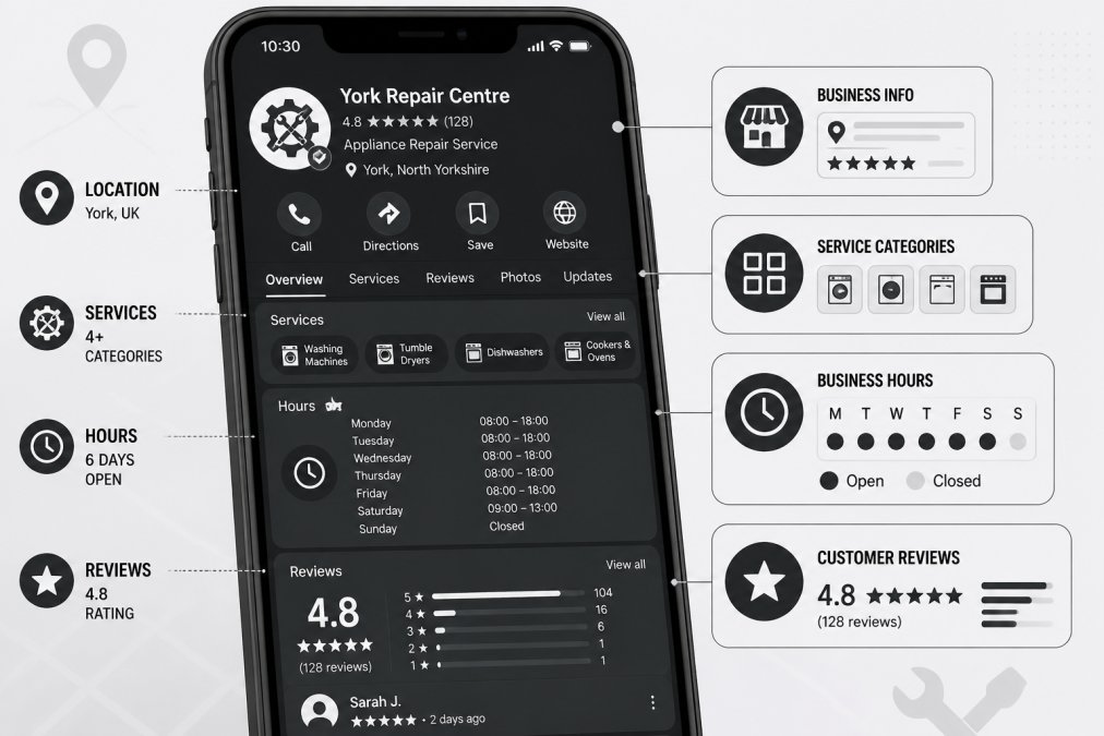 Close-up of a smartphone screen displaying a fully completed Google Business Profile for an independent repair shop, showing service categories, business hours, customer reviews, and location pin
