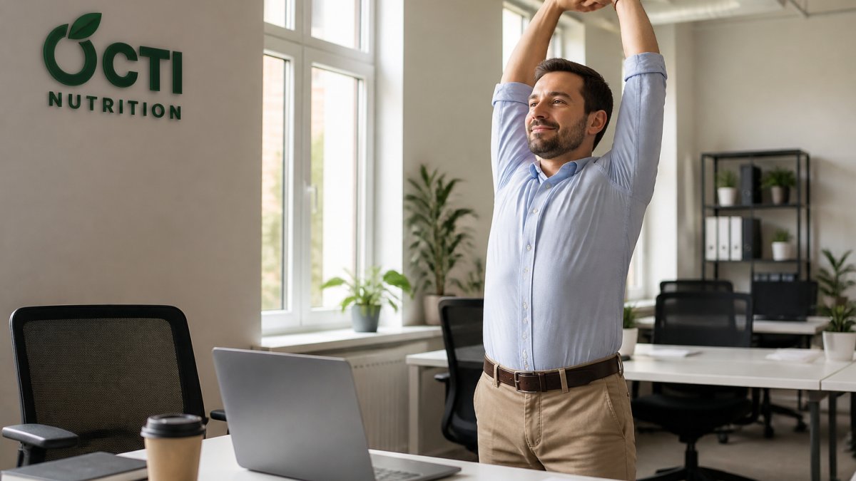 Professional in business casual clothing taking a standing break at a desk with laptop and coffee visible, stretching arms overhead in a bright modern office with natural window lighting