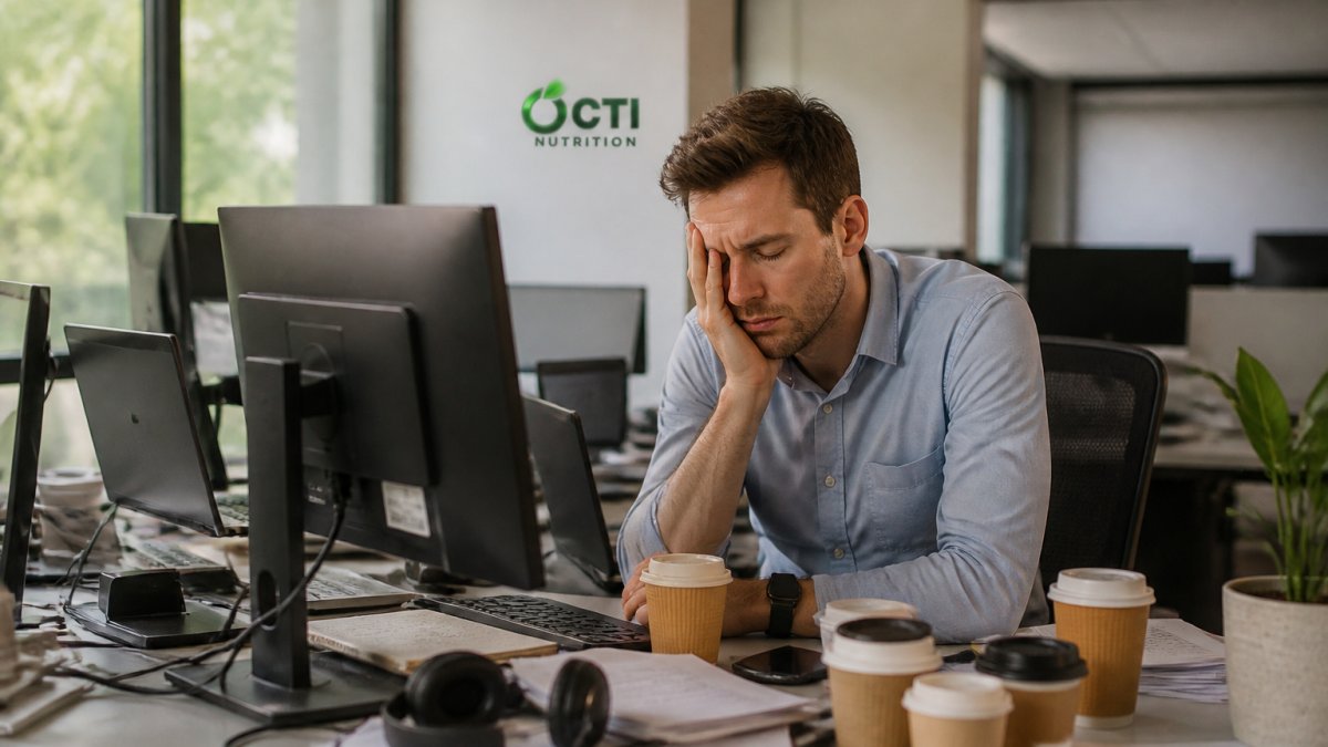 Professional working at desk surrounded by multiple monitors and coffee cups, looking fatigued during afternoon, natural office lighting