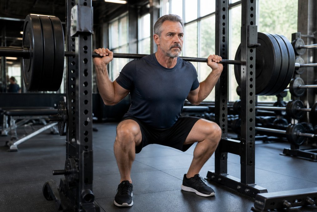 Mature man performing a barbell squat with controlled form in a well-lit commercial gym, focused expression, demonstrating proper depth and alignment