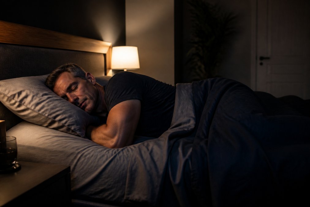 Man sleeping peacefully in a dark, comfortable bedroom with quality bedding and soft lighting from a bedside lamp, representing restorative sleep and recovery