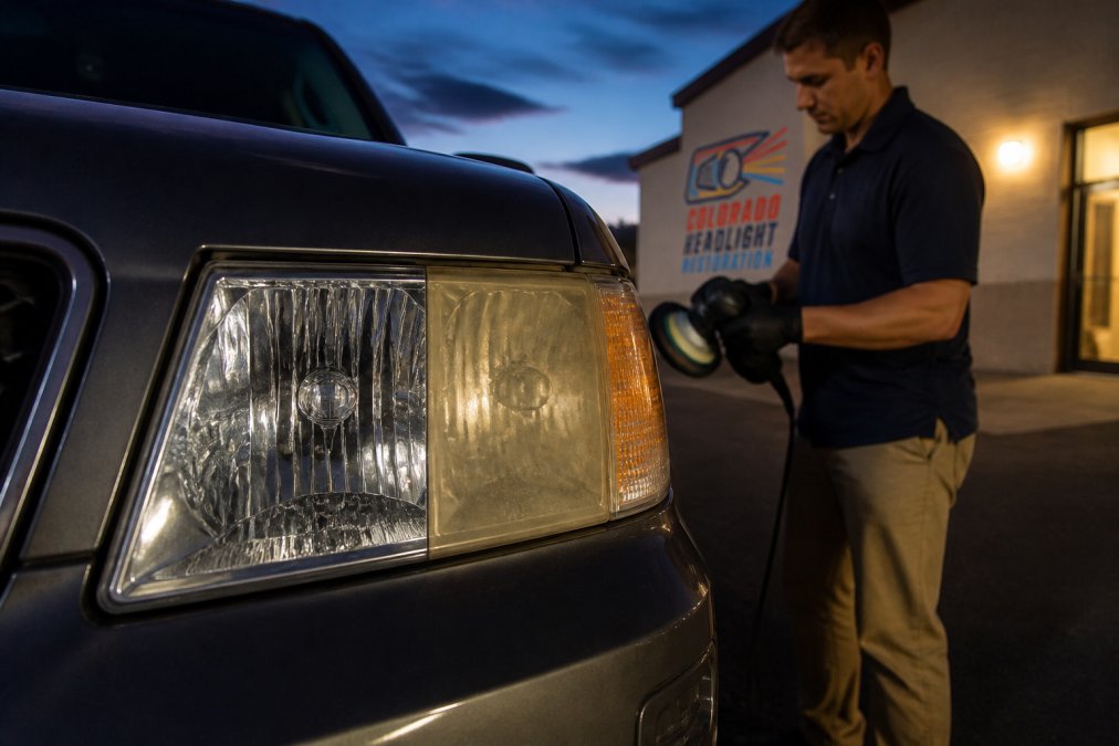 Close-up of a vehicle's restored clear headlight at dusk with a technician in the background holding a polishing tool, showing the contrast between the restored lens and a cloudy yellowed one
