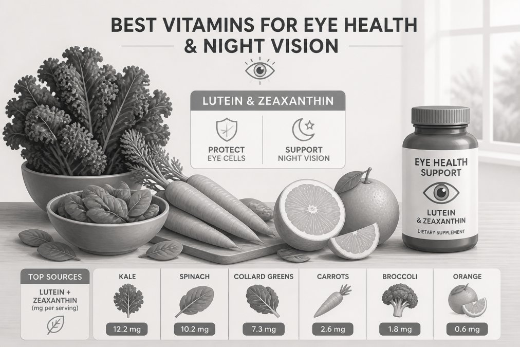 Colorful arrangement of fresh vegetables and fruits rich in lutein and zeaxanthin on a wooden table, including kale, spinach, carrots, and oranges, with a supplement bottle nearby and natural window lighting