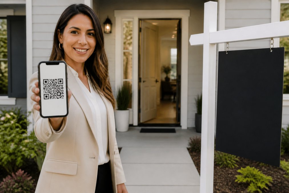 Real estate agent holding a smartphone displaying a QR code check-in screen at an open house entrance, with a modern home's front door and property sign visible in the background