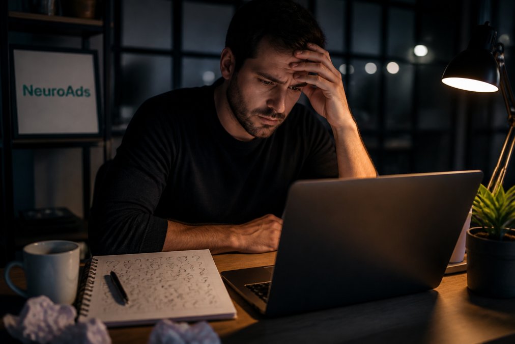 A paid media manager staring at a cluttered analytics dashboard on a laptop in a dimly lit office, notebook filled with question marks beside the keyboard