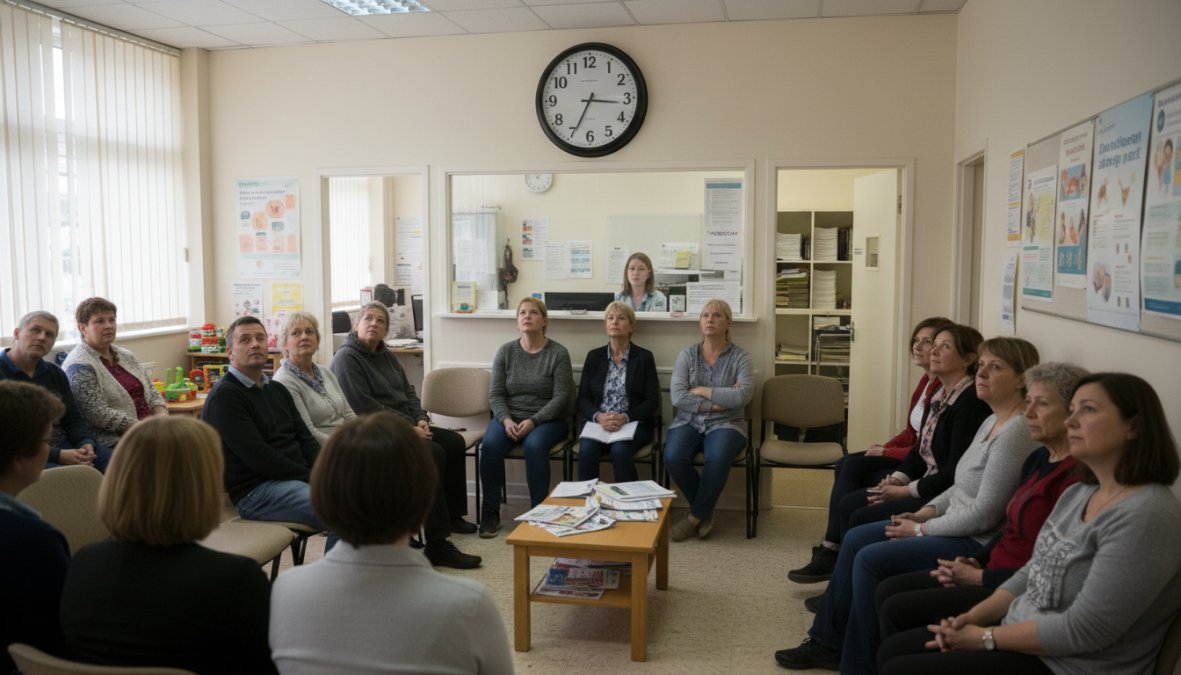 A slightly crowded GP surgery waiting room with patients seated in rows, several glancing at wall clocks, overhead fluorescent lighting casting a clinical glow, receptionist visible through a glass partition in the background