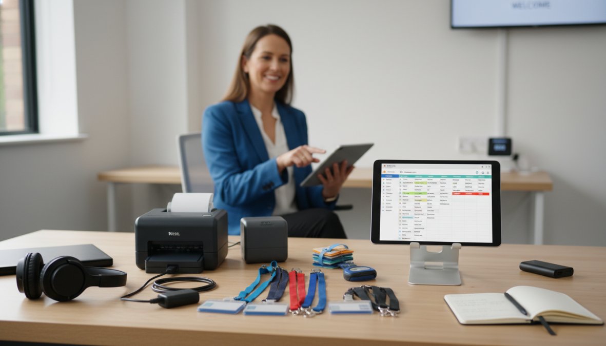 A practice manager in a modern clinic office, seated at a desk, smiling while reviewing a patient scheduling dashboard on a tablet, warm overhead lighting, shelving with medical binders visible in the background
