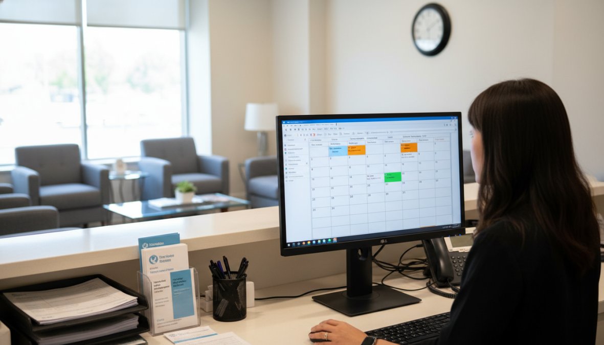 Professional illustration showing medical and receptionist and front concepts for improve patient scheduling and follow up