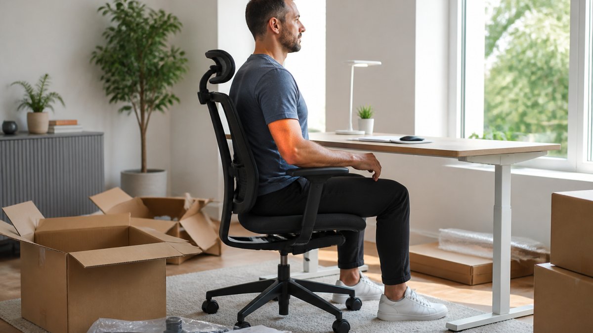 Professional seated at ergonomic home office desk with proper alignment: feet flat on floor, knees at 90 degrees, monitor at eye level, shoulders relaxed, back supported by lumbar pillow, natural daylight from window