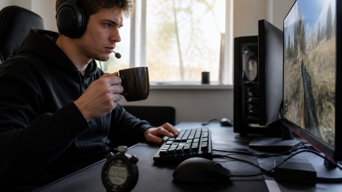 Focused gamer holding a cup of coffee while playing at a multi-monitor desk setup
