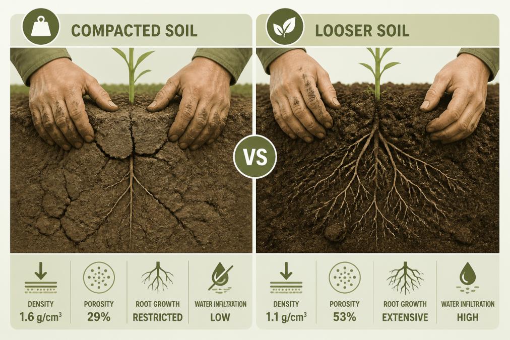 Close-up of a farmer's hands digging into heavy clay soil, showing compacted soil structure with restricted root penetration compared to looser soil nearby
