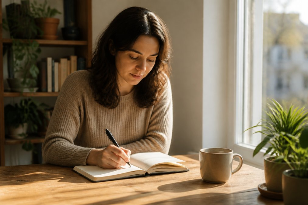 Person sitting at a wooden desk with an open notebook and pen, morning sunlight streaming through a nearby window, a warm cup of coffee to the side, with a focused and calm expression