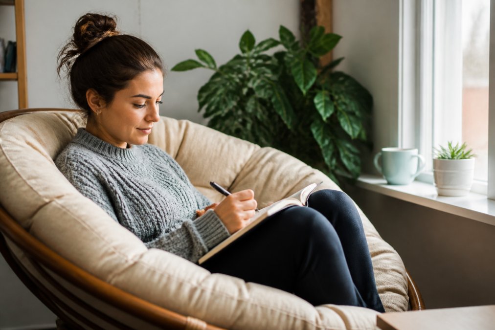 Close-up of hands writing in an open journal on a comfortable cushioned chair, relaxed posture with warm natural lighting from a nearby window, peaceful expression