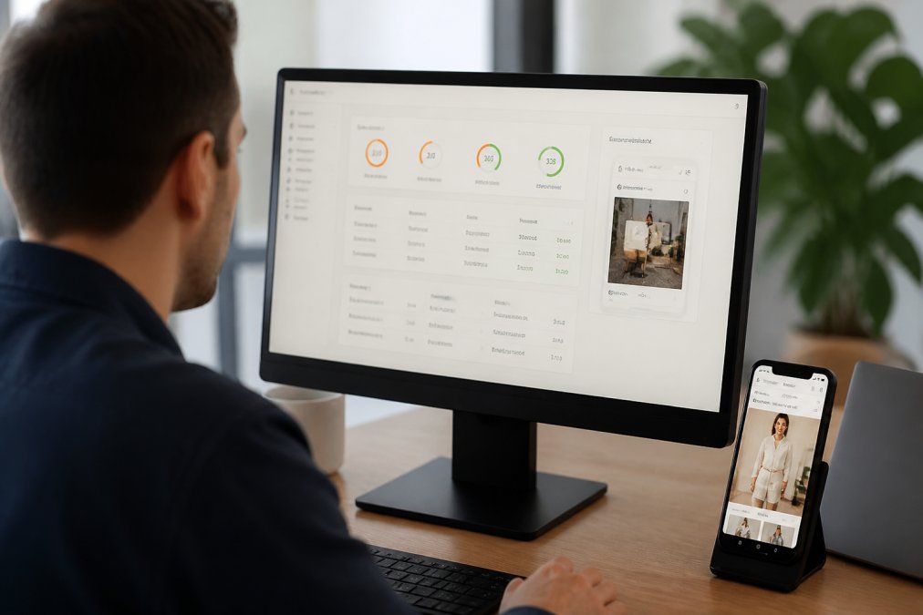 Professional reviewing mobile performance metrics on desktop monitor with smartphone positioned beside it showing Shopify store