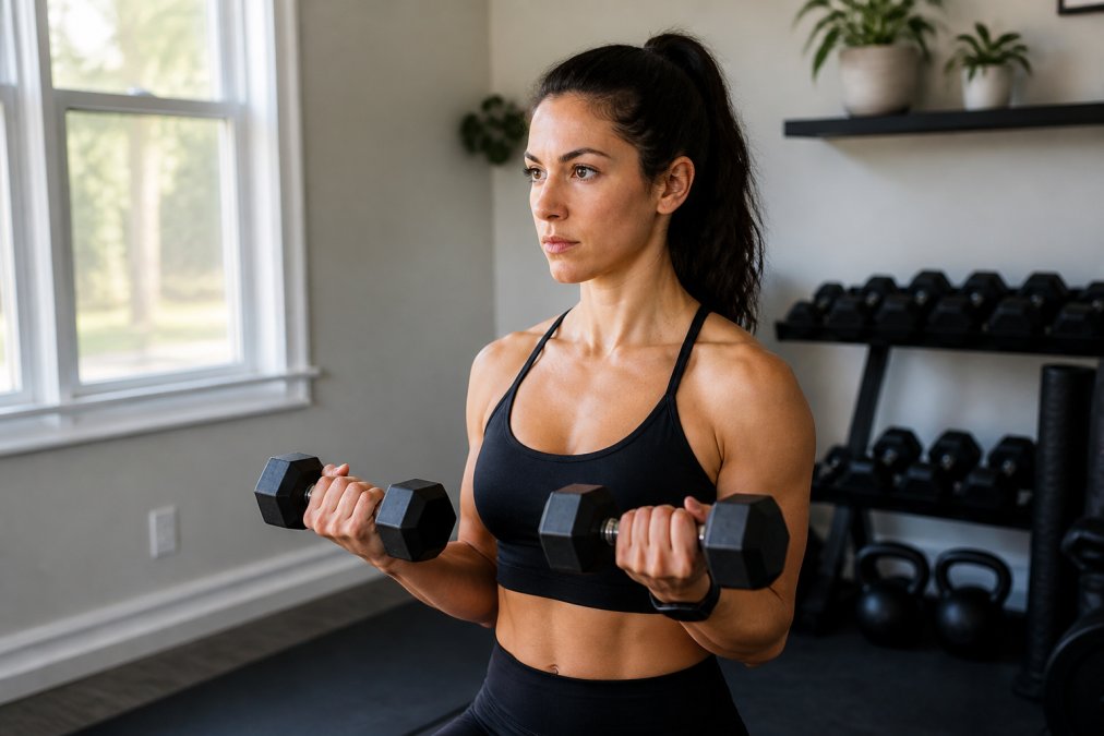 Woman performing dumbbell exercises with proper form in home gym setting, natural window lighting illuminating her focused expression and engaged arm muscles