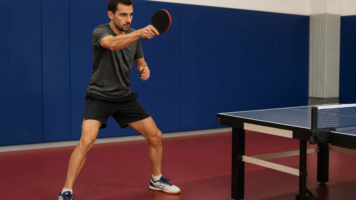 Infographic showing the proper ready stance and shadow stroke technique to improve table tennis without a partner.
