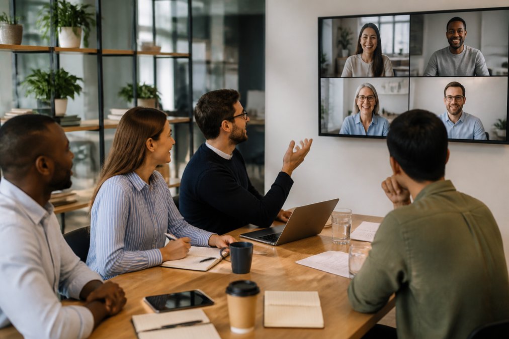 A diverse team of professionals in a modern office setting, with some colleagues seated at desks working and others visible on a large video screen during a virtual meeting, all smiling and engaged in conversation