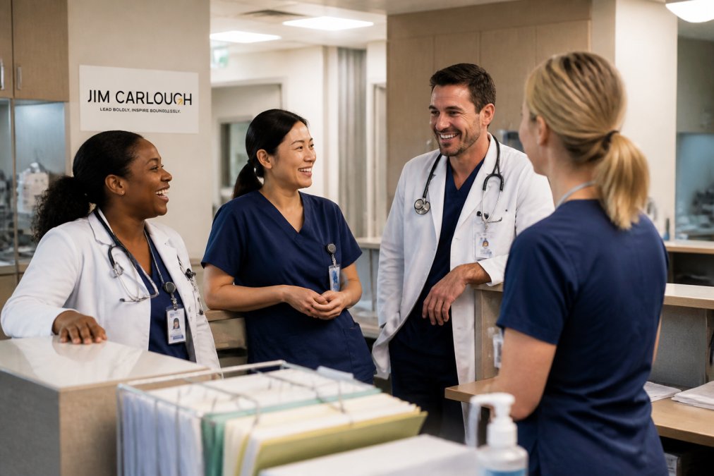 Diverse clinical team of nurses and physicians having a relaxed conversation at a nursing station, smiling and engaged with one another in a well-lit hospital setting