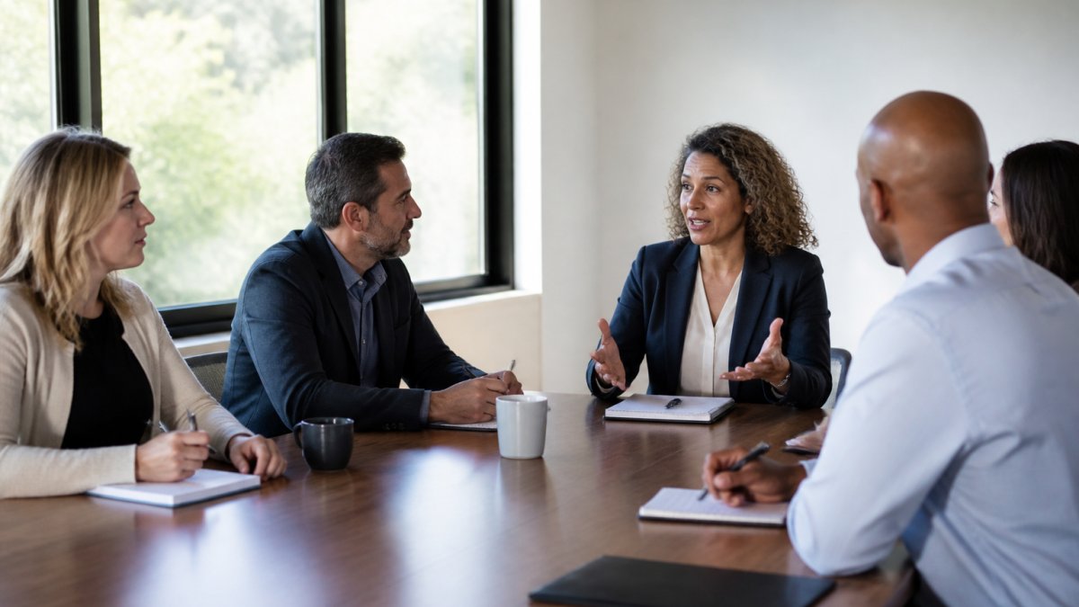 Professional leadership team seated around a modern conference table during a coaching session, with one person speaking while others listen attentively with notepads visible, natural office lighting streaming through windows