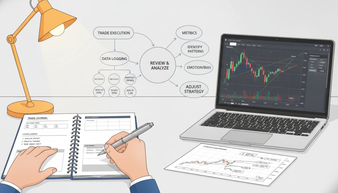 Close-up of a trader's hands writing detailed notes in a spiral-bound trade journal beside a laptop showing a trading platform interface, a printed chart with handwritten annotations lying flat on the wooden desk, warm desk lamp illuminating the scene