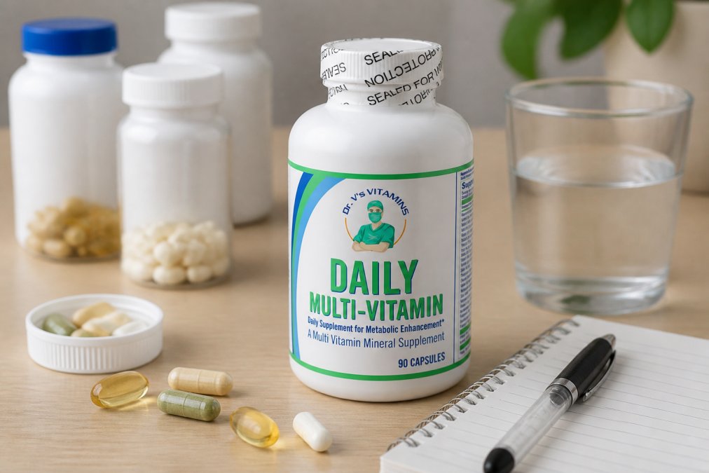 Close-up of various bariatric supplement bottles and capsules arranged on a light wooden surface with a glass of water, small notebook, and pen for tracking intake