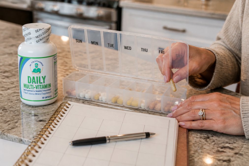 Person organizing daily vitamin doses in a weekly pill organizer with compartments labeled morning, afternoon, and evening, with a calendar and pen nearby on a kitchen counter