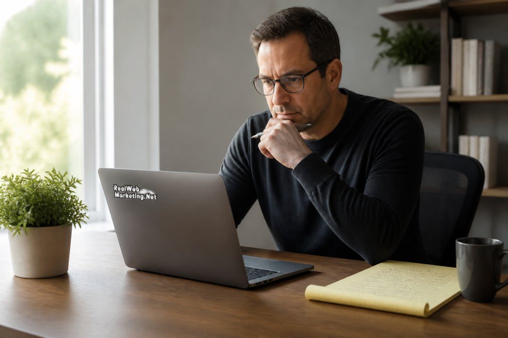 A small business owner reviewing their website on a laptop at a clean desk, with a notepad of handwritten notes beside them and a focused, analytical expression, in warm natural window lighting